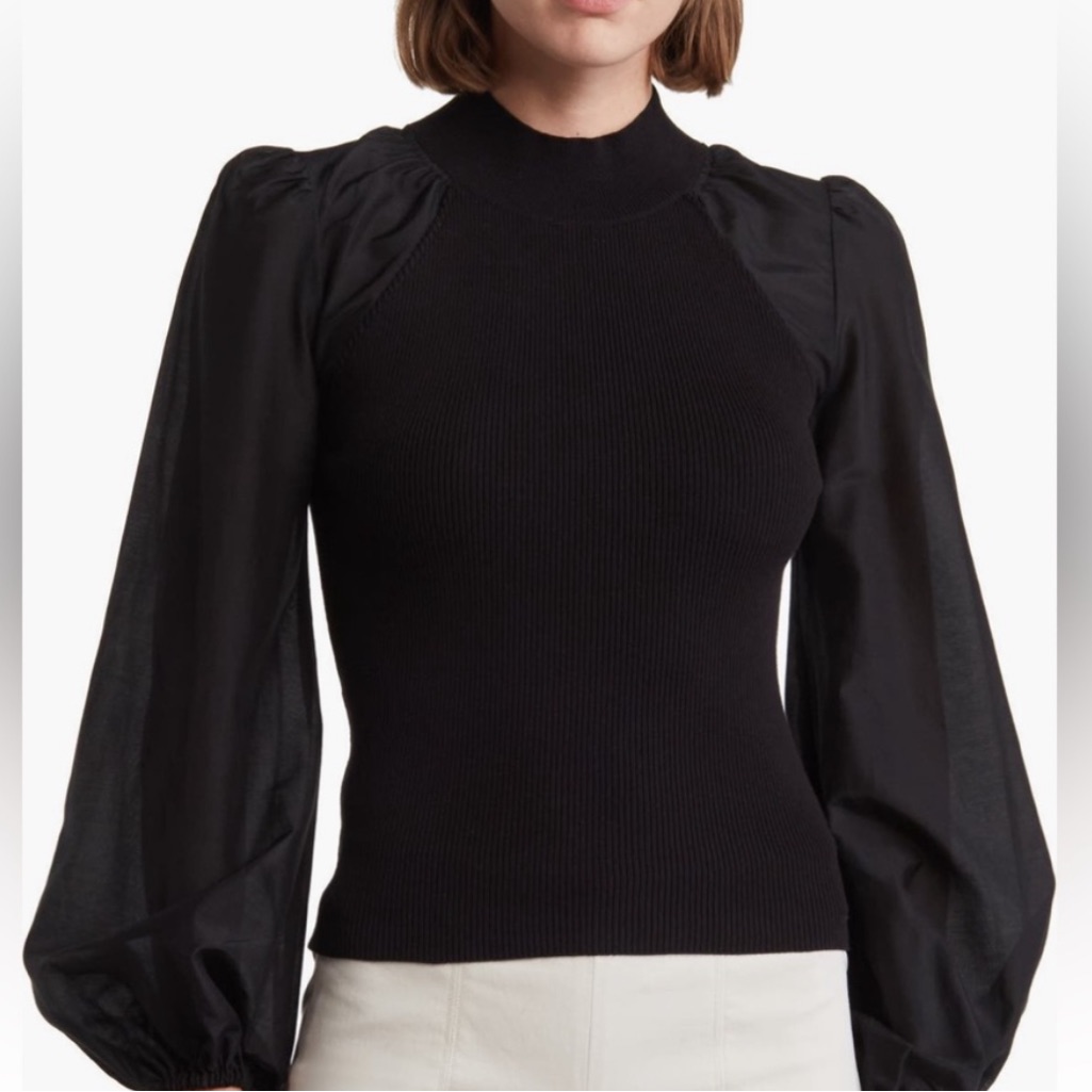 Allsaints Cleo Top Black Ribbed Knit Puff Sleeves Mock Neck Size Us 4. Nwt